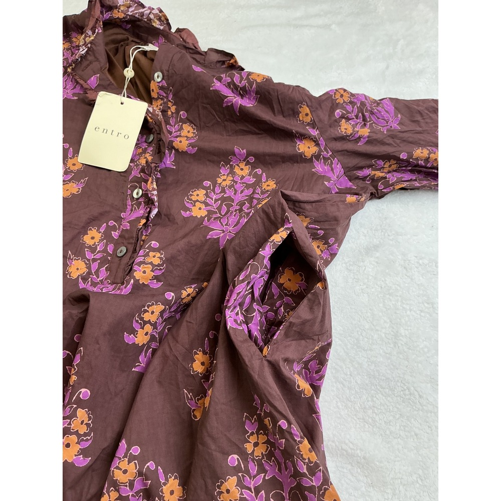 Entro Glinda Dress Brown Purple Floral Block Print Midi Ruffle Henley Large NEW - Picture 10 of 15